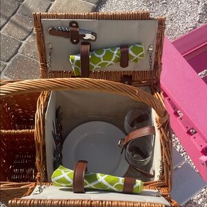 Wicker  Picnic Basket  in Tan complete setting for TWO 🍷